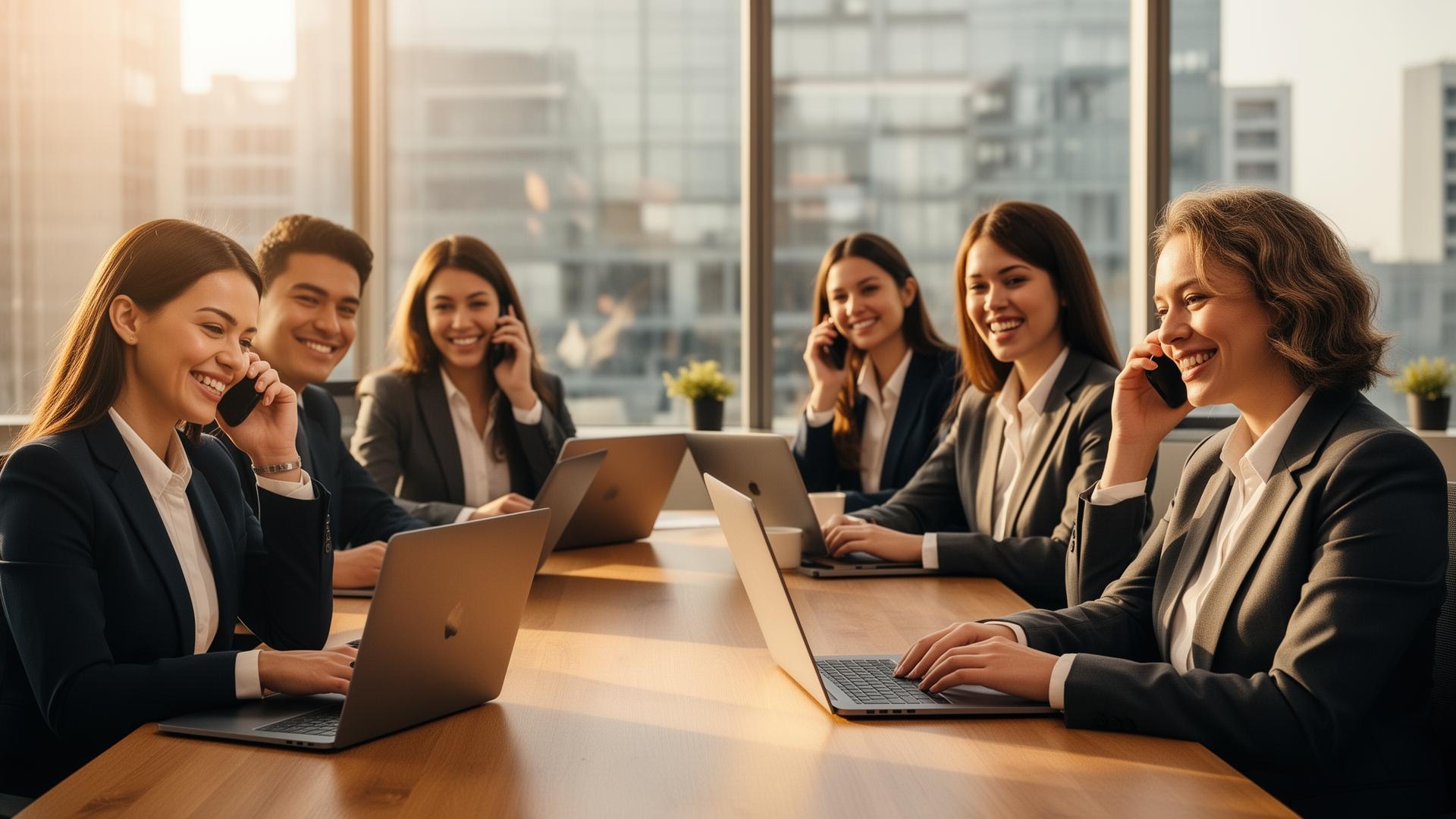 Insurance agents on calls in a modern office