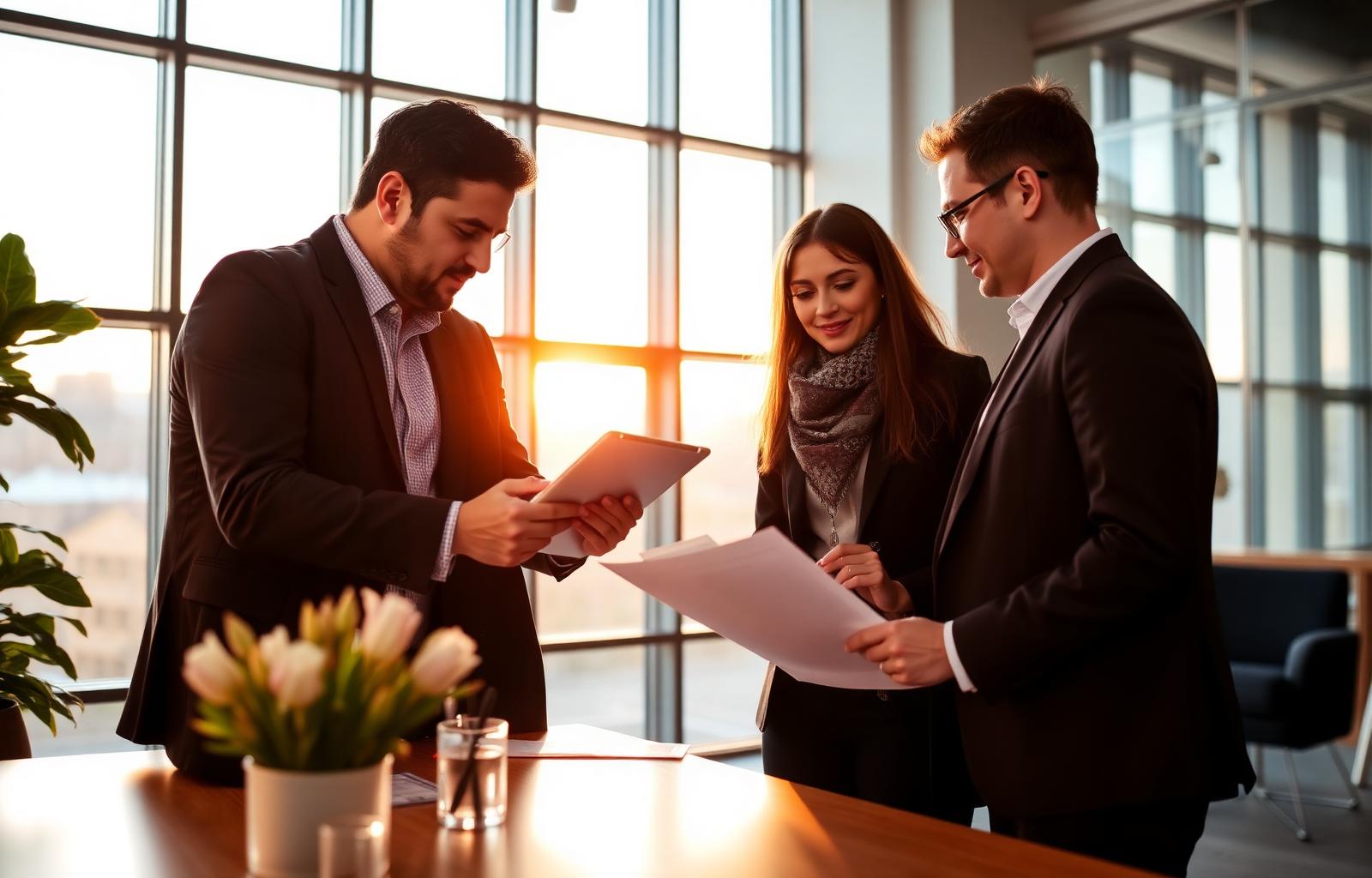Insurance broker team reviewing policy with clients in sunset‑lit office